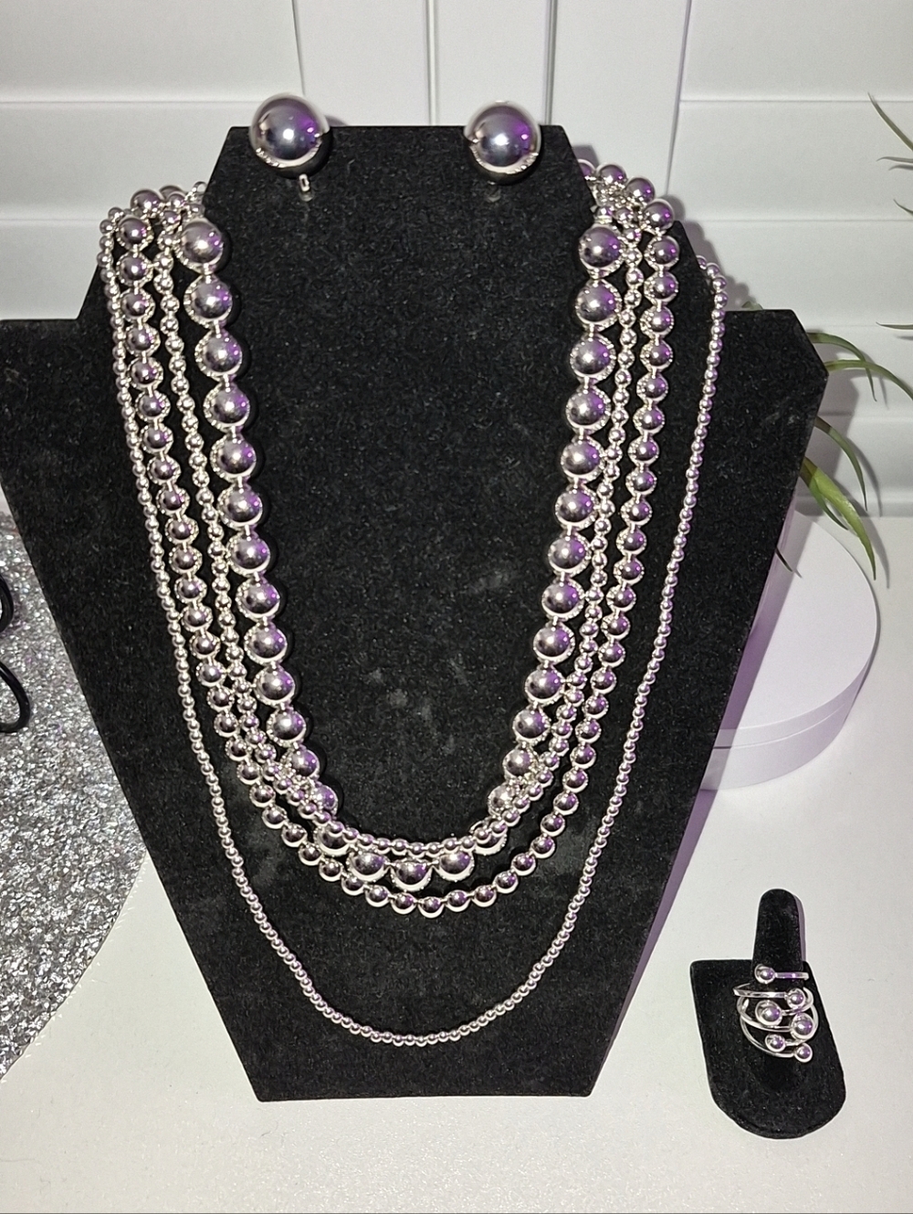Layered Silver Ball-Bead Necklace And EARRING Set - Women Jewelry
